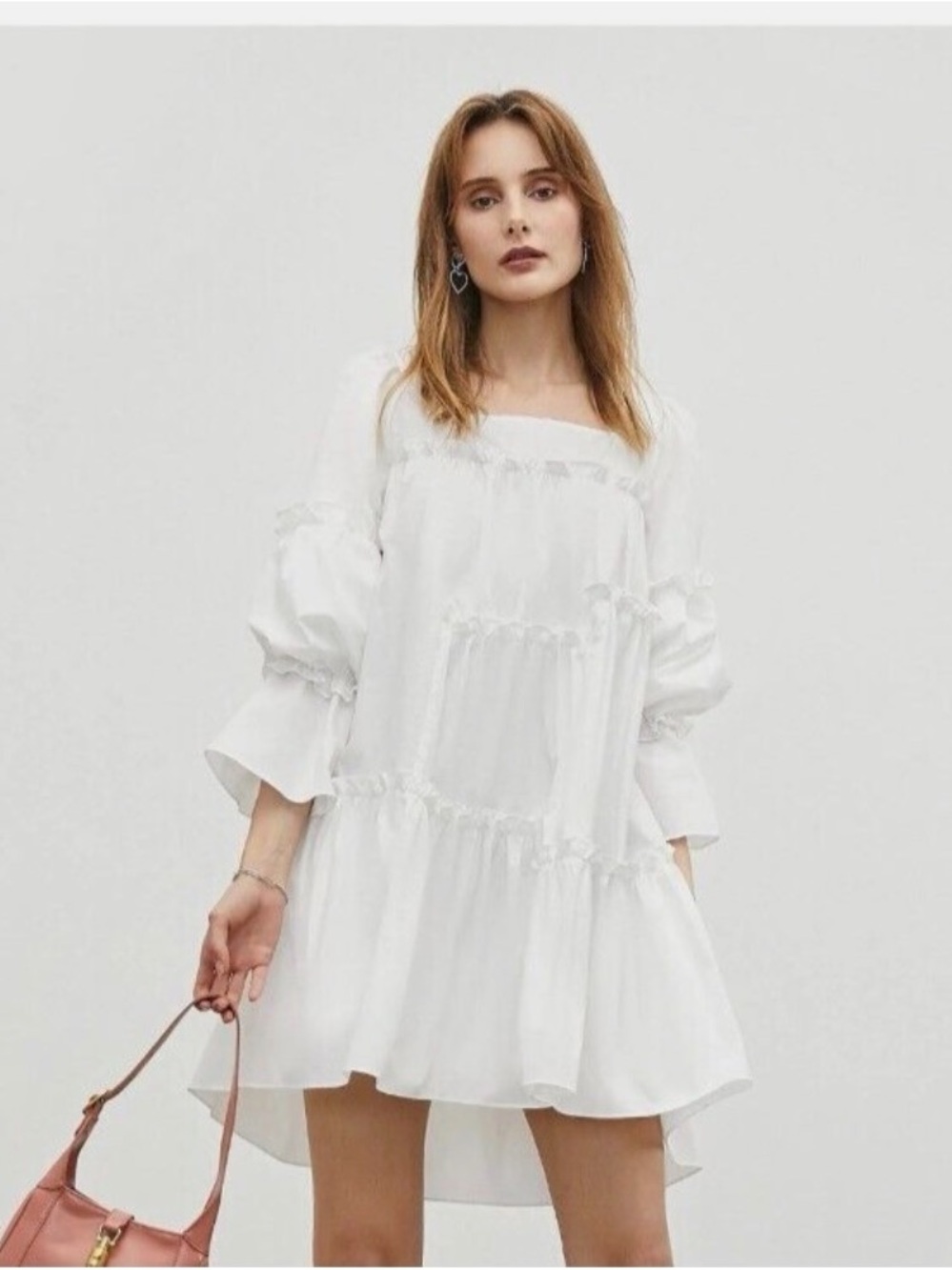 J. ING Dress White Size Small Square Neck Long Puff Sleeve Mini Dress
